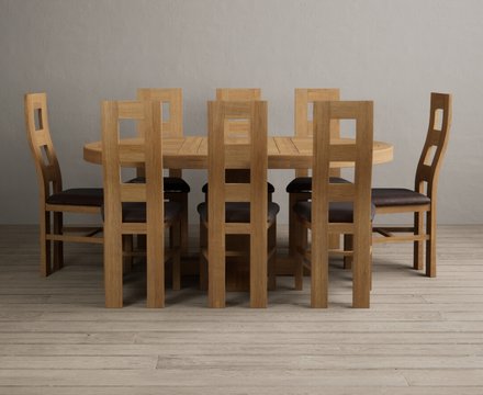 Extending helmsley solid oak pedestal dining table with 8 brown natural chairs