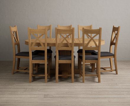Extending helmsley solid oak pedestal dining table with 8 charcoal grey natural solid oak chairs