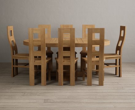 Extending helmsley solid oak pedestal dining table with 8 oak natural chairs
