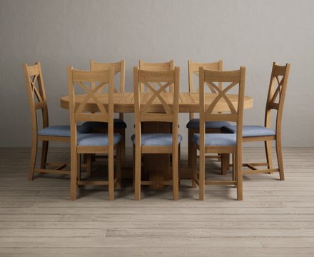 Extending helmsley solid oak pedestal dining table with 8 blue natural solid oak chairs