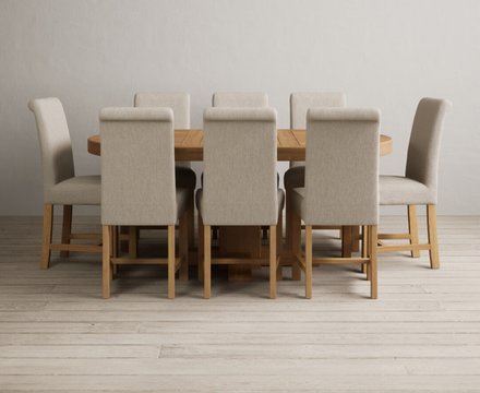 Extending helmsley solid oak pedestal dining table with 8 natural braced chairs