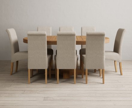 Extending helmsley solid oak pedestal dining table with 8 natural scroll back chairs