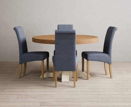 Extending helmsley oak and cream painted pedestal dining table with 4 blue scroll back chairs
