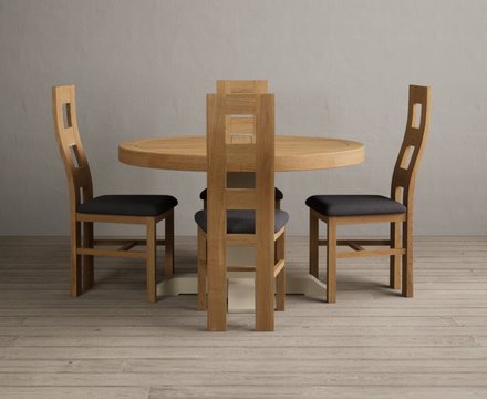 Extending helmsley oak and cream painted pedestal dining table with 4 charcoal grey natural chairs