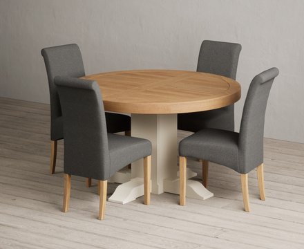 Extending helmsley oak and cream painted pedestal dining table with 4 charcoal grey scroll back chairs