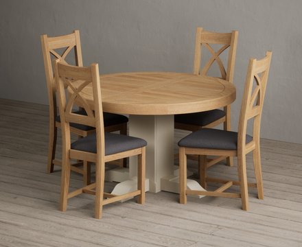 Extending helmsley oak and cream painted pedestal dining table with 4 charcoal grey natural solid oak chairs