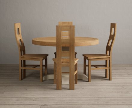 Extending helmsley oak and cream painted pedestal dining table with 4 oak natural chairs