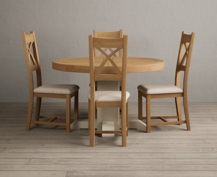 Extending helmsley oak and cream painted pedestal dining table with 4 linen natural solid oak chairs