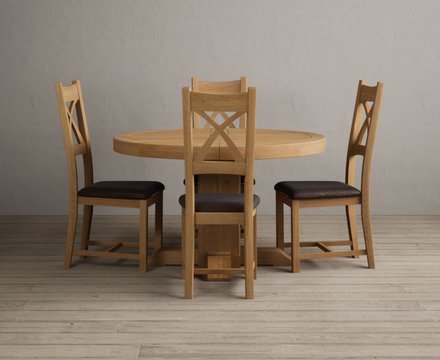Extending helmsley solid oak pedestal dining table with 4 brown natural solid oak chairs