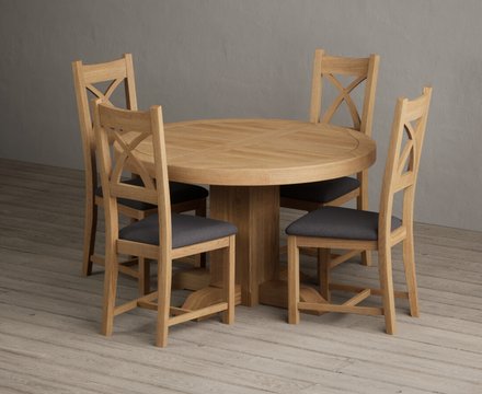 Extending helmsley solid oak pedestal dining table with 4 charcoal grey natural solid oak chairs
