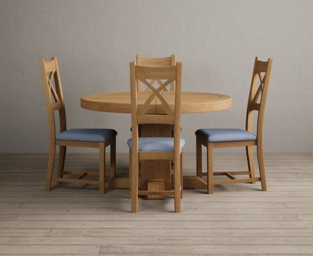 Extending helmsley solid oak pedestal dining table with 4 blue natural solid oak chairs