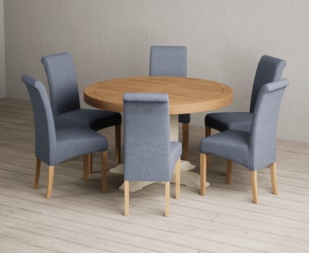 Extending helmsley oak and cream painted pedestal dining table with 6 blue scroll back chairs