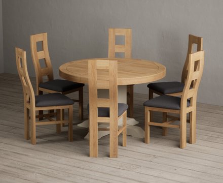 Extending helmsley oak and cream painted pedestal dining table with 6 charcoal grey natural chairs