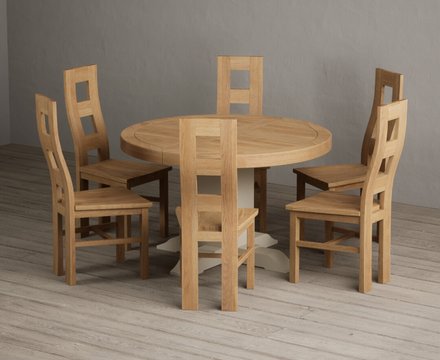 Extending helmsley oak and cream painted pedestal dining table with 6 oak natural chairs