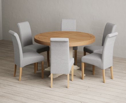 Extending helmsley oak and cream painted pedestal dining table with 6 grey scroll back chairs