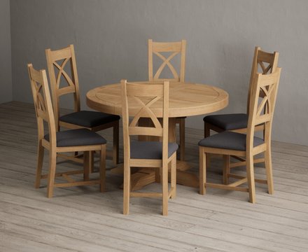 Extending helmsley solid oak pedestal dining table with 6 charcoal grey natural solid oak chairs