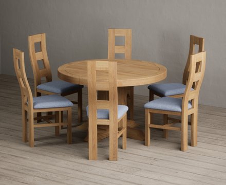 Extending helmsley solid oak pedestal dining table with 6 blue natural chairs