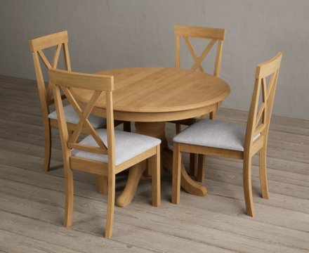 Extending hertford 100cm - 130cm solid oak pedestal dining table with 4 light grey hertford chairs