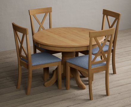 Extending hertford 100cm - 130cm solid oak pedestal dining table with 4 blue hertford chairs