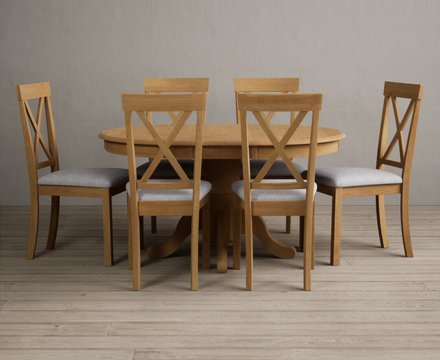 Extending hertford 100cm - 130cm solid oak pedestal dining table with 6 light grey hertford chairs