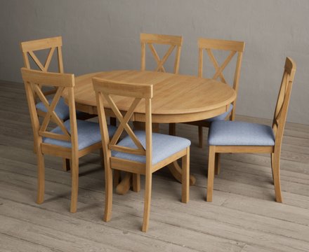 Extending hertford 100cm - 130cm solid oak pedestal dining table with 6 blue hertford chairs