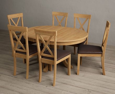 Extending hertford 100cm - 130cm solid oak pedestal dining table with 6 brown hertford chairs