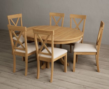 Extending hertford 100cm - 130cm solid oak pedestal dining table with 6 linen hertford chairs