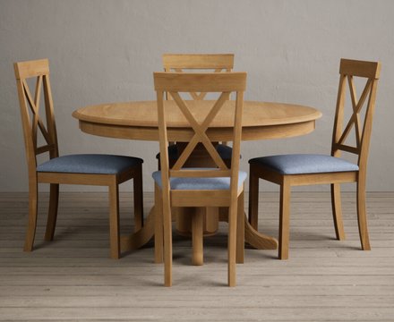 Hertford 120cm fixed top solid oak round pedestal table with 4 blue hertford chairs