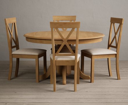 Hertford 120cm fixed top solid oak round pedestal table with 4 linen hertford chairs