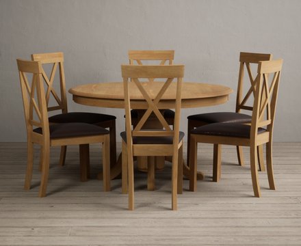 Hertford 120cm fixed top solid oak round pedestal table with 6 charcoal grey hertford chairs