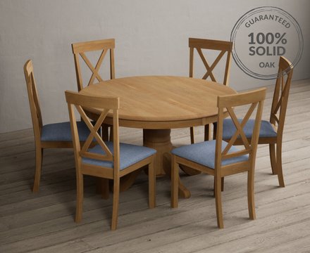 Hertford 120cm fixed top solid oak round pedestal table with 6 blue hertford chairs