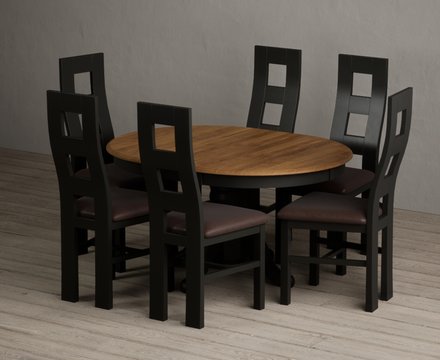 Extending hertford 100cm - 130cm oak and black painted pedestal dining table with 6 brown painted chairs