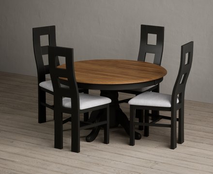 Hertford 120cm fixed top oak and black painted round pedestal table with 4 light grey painted chairs