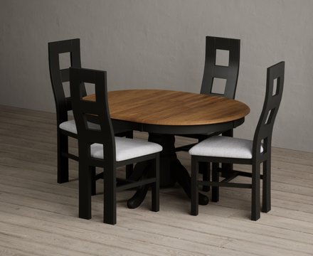 Extending hertford 100cm - 130cm oak and black painted pedestal dining table with 4 light grey painted chairs