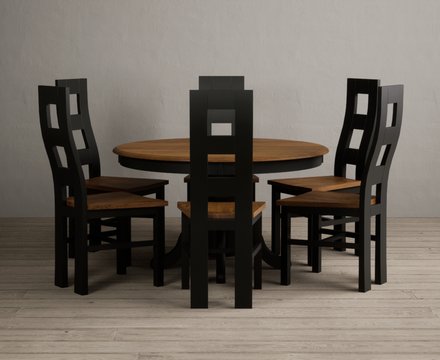 Hertford 120cm fixed top oak and black painted round pedestal table with 6 rustic oak painted chairs