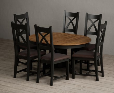 Extending hertford 100cm - 130cm oak and black painted pedestal dining table with 6 brown painted chairs