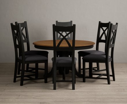 Hertford 120cm fixed top oak and black painted round pedestal table with 6 charcoal grey painted chairs