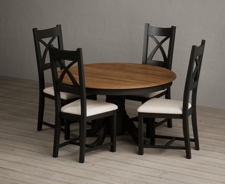 Hertford 120cm fixed top oak and black painted round pedestal table with 4 linen painted chairs
