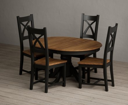 Extending hertford 100cm - 130cm oak and black painted pedestal dining table with 4 rustic oak painted chairs