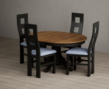 Extending hertford 100cm - 130cm oak and black painted pedestal dining table with 4 blue painted chairs