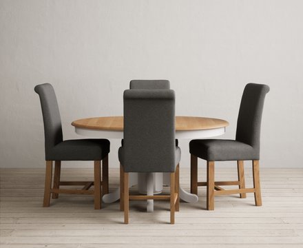 Extending hertford 100cm - 130cm oak and soft white painted pedestal dining table with 4 charcoal grey braced chairs