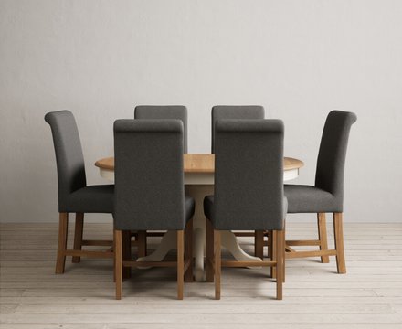 Extending hertford 100cm - 130cm oak and cream painted pedestal dining table with 6 charcoal grey braced chairs