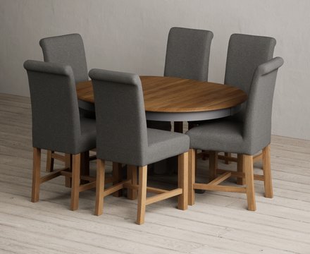 Extending hertford 100cm - 130cm oak and charcoal grey painted pedestal dining table with 6 charcoal grey braced chairs