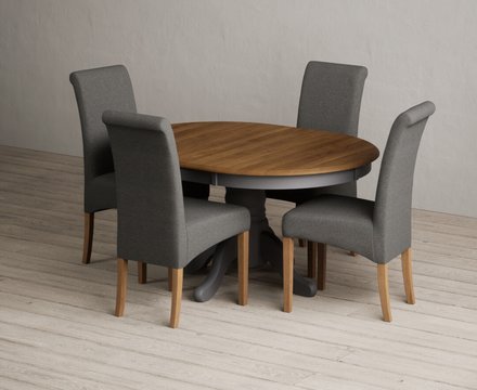 Extending hertford 100cm - 130cm oak and charcoal grey painted pedestal dining table with 4 charcoal grey scroll back chairs