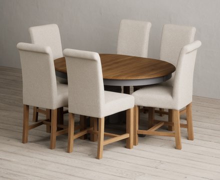 Extending hertford 100cm - 130cm oak and charcoal grey painted pedestal dining table with 6 natural braced chairs
