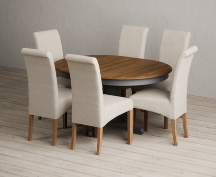 Extending hertford 100cm - 130cm oak and charcoal grey painted pedestal dining table with 6 natural scroll back chairs