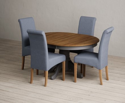 Extending hertford 100cm - 130cm oak and charcoal grey painted pedestal dining table with 4 blue scroll back chairs