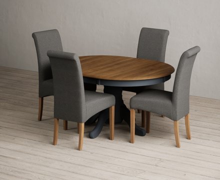 Extending hertford 100cm - 130cm oak and dark blue painted pedestal dining table with 4 charcoal grey scroll back chairs