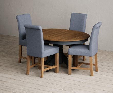 Extending hertford 100cm - 130cm oak and dark blue painted pedestal dining table with 4 blue braced chairs