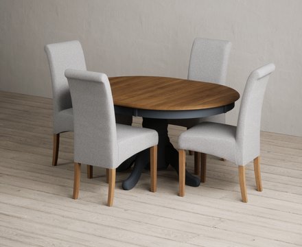 Extending hertford 100cm - 130cm oak and dark blue painted pedestal dining table with 4 grey scroll back chairs